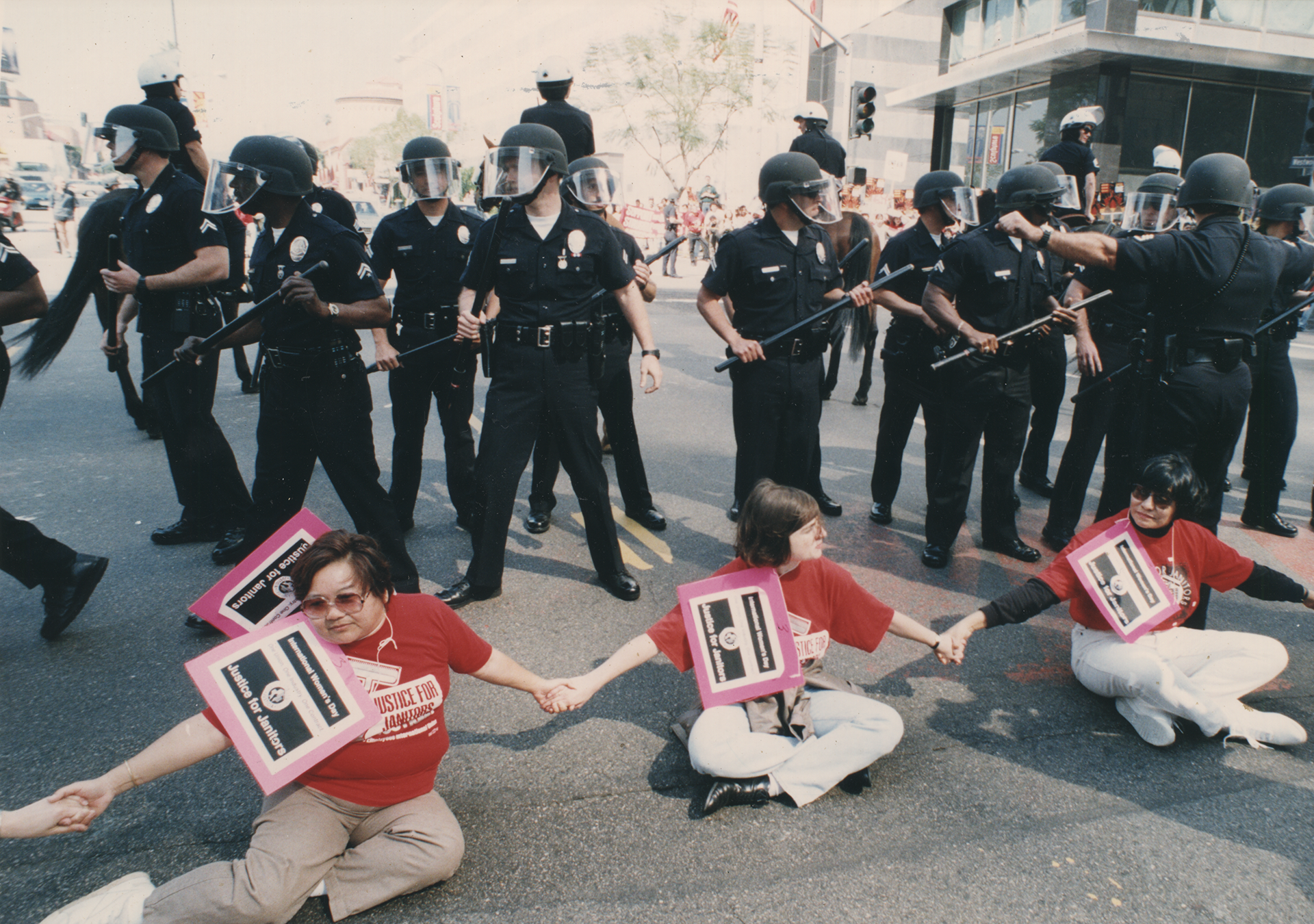 On March 29, 1995, members engaged in civil disobedience in the Justice for Janitors campaign.